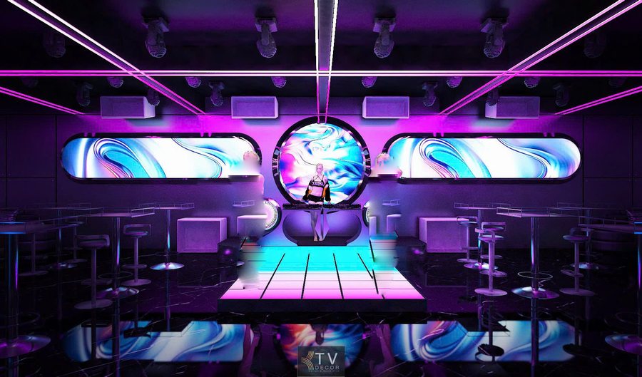 Khu Lounge Bar được bố trí sàn nhảy LED kết hợp DJ booth trung tâm, tối ưu tầm nhìn, tăng tương tác và nâng cao trải nghiệm giải trí về đêm. 