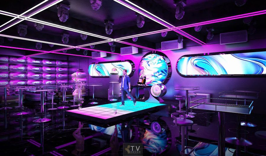 Nội thất Lounge Bar sử dụng vật liệu bóng phản chiếu ánh sáng, giúp không gian rộng hơn, hiện đại hơn và tạo hiệu ứng thị giác mạnh mẽ khi vận hành ban đêm. 