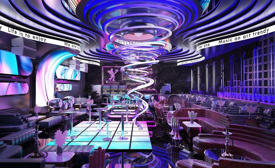 Thiết kế thi công nội thất quán Bar Lounge đẹp xu hướng Futuristic với hệ trần LED nghệ thuật.