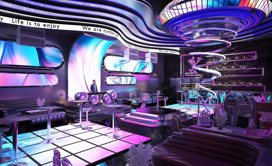 Mẫu thiết kế Bar Lounge hiện đại sở hữu không gian mở và sân khấu DJ đẳng cấp. Thiết kế nội thất quán Bar Lounge sang trọng với ánh sáng LED và gam màu tím xanh nổi bật. 