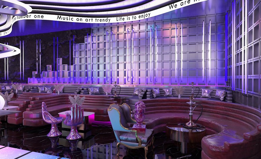 Không gian Bar Lounge đẹp xu hướng kết hợp sàn LED phát sáng và nội thất cao cấp. Thiết kế Bar Lounge Futuristic với hệ thống trần xoắn 3D tạo điểm nhấn độc đáo. 
