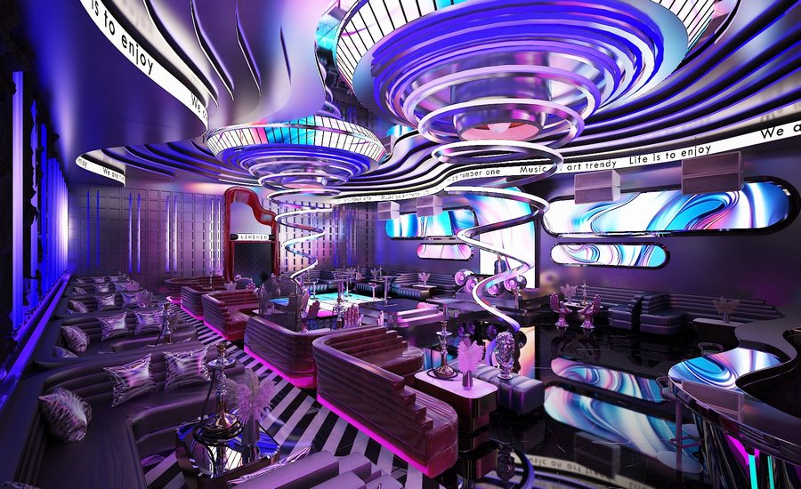 Nội thất Bar Lounge đẹp sử dụng màn hình LED nghệ thuật và không gian âm nhạc đẳng cấp. 
