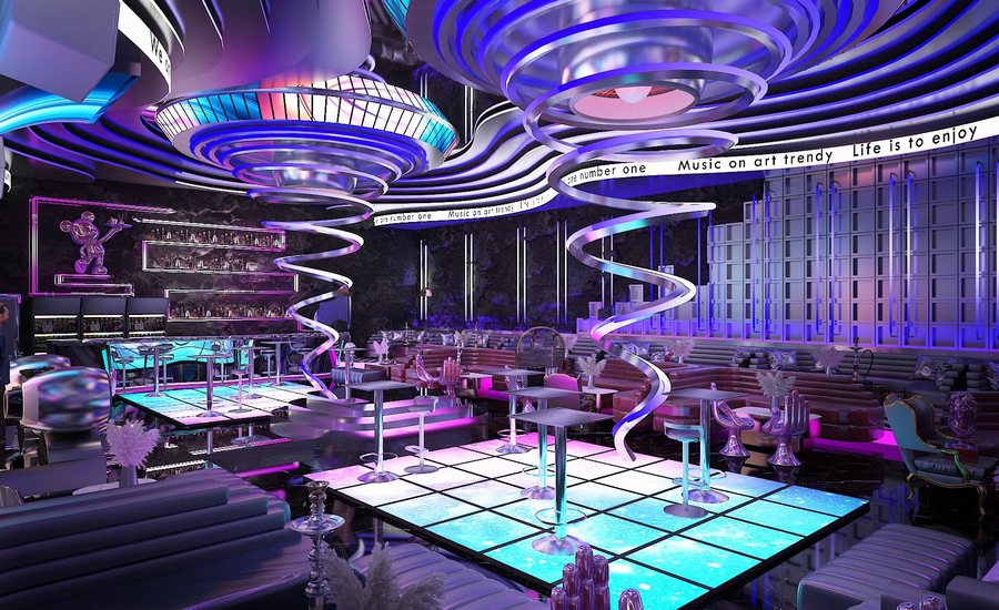 Thiết kế Bar Lounge phong cách tương lai nổi bật với đường cong mềm mại và ánh sáng hiện đại. 