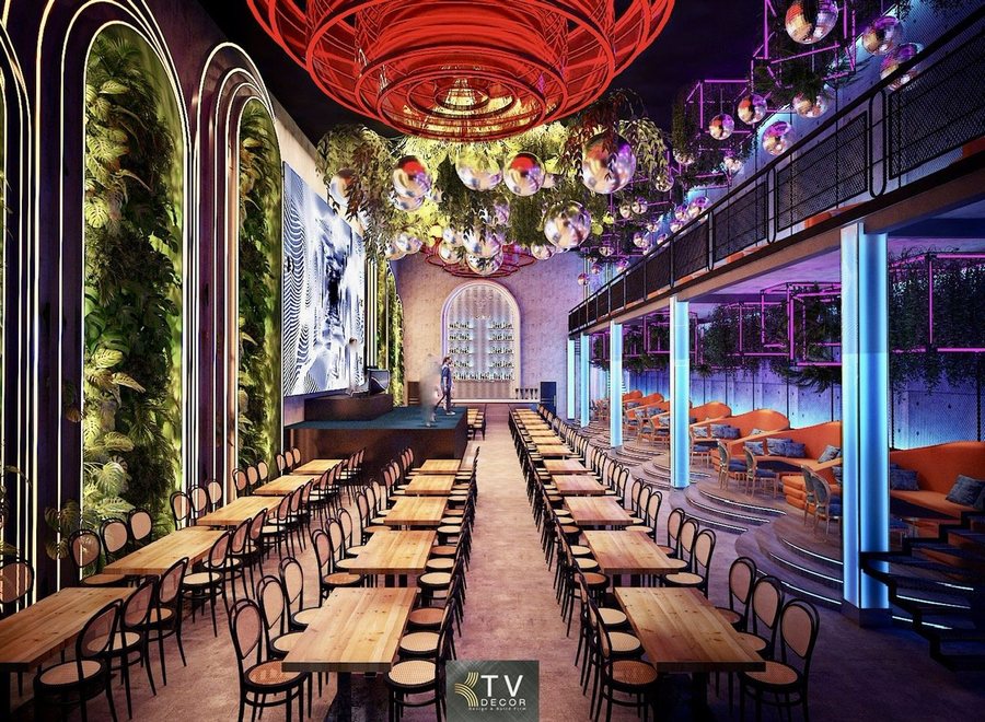Không gian Beer Food Garden được xây dựng theo xu hướng nhà hàng – giải trí hiện đại, nơi ẩm thực và âm nhạc hòa quyện. Trần cao, ánh sáng đổi màu và cây xanh treo mang lại cảm giác thư giãn nhưng vẫn sôi động. Thiết kế hướng đến sự thoải mái, giúp khách hàng dễ dàng ở lại lâu hơn và quay lại thường xuyên. 