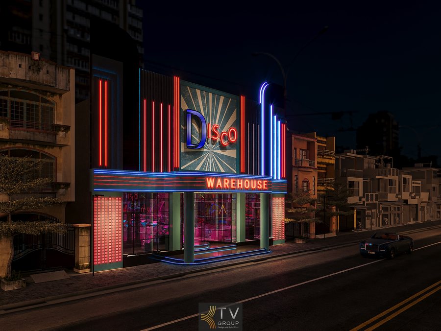 Thiết kế mặt tiền bar disco neon nổi bật phong cách retro hiện đại Ngoại thất nhà hàng beer lounge với hệ đèn led chạy viền rực rỡ Biển hiệu neon Disco phong cách Art Deco cho mô hình bar club