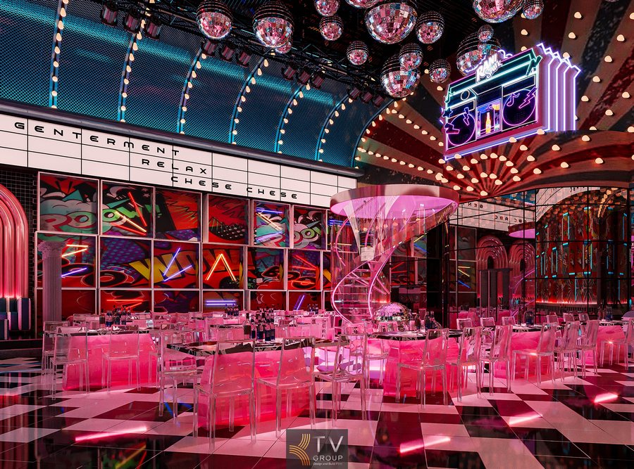 Thiết kế khu ngồi dài với ánh sáng hồng neon đầy cá tính Bàn phát sáng tone hồng tạo điểm nhấn nội thất bar disco Không gian bar nhà hàng với sàn caro trắng đen phong cách cổ điển Quầy bar trung tâm phát sáng với chất liệu mica và inox