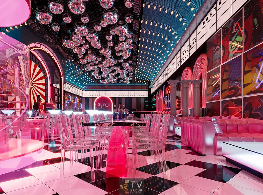 Hệ thống đèn bóng gương disco ball treo trần tạo không khí tiệc Nội thất lounge with đèn neon “Disco House” nổi bật trên tường Thiết kế bàn ghế bar trong suốt kết hợp đèn màu ấn tượng