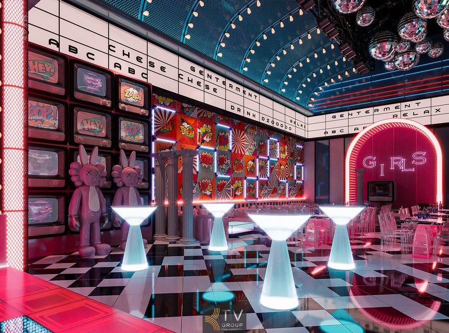 Không gian disco retro futuristic với trần gương và đèn led nghệ thuật Thiết kế thi công bar lounge beer phong cách trẻ trung xu hướng 2025