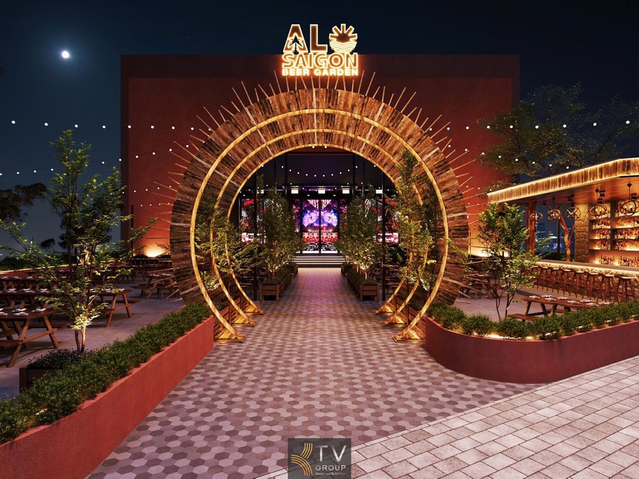Góc nhìn trung tâm của Beer Garden gây ấn tượng mạnh với cổng vòm nghệ thuật dạng tia sáng, tạo hiệu ứng thị giác như dẫn lối trải nghiệm 
