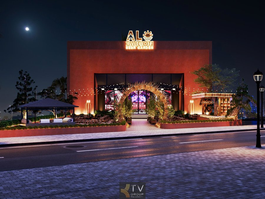 Không gian Beer Garden nổi bật với mặt tiền kiến trúc hình khối vuông vức, gam màu đất nung ấm áp kết hợp ánh sáng vàng tạo cảm giác sang trọng nhưng gần gũi. 