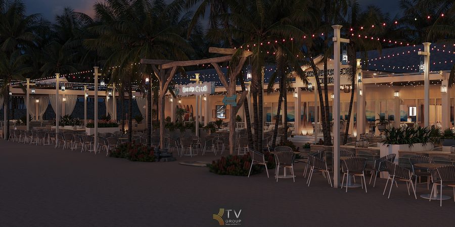 Phối cảnh nhà hàng Beach Restaurant nhìn từ trên cao, thể hiện bố cục tổng thể hài hòa với bờ biển, cảnh quan cây xanh và hệ ánh sáng trang trí ban đêm nổi bật. 