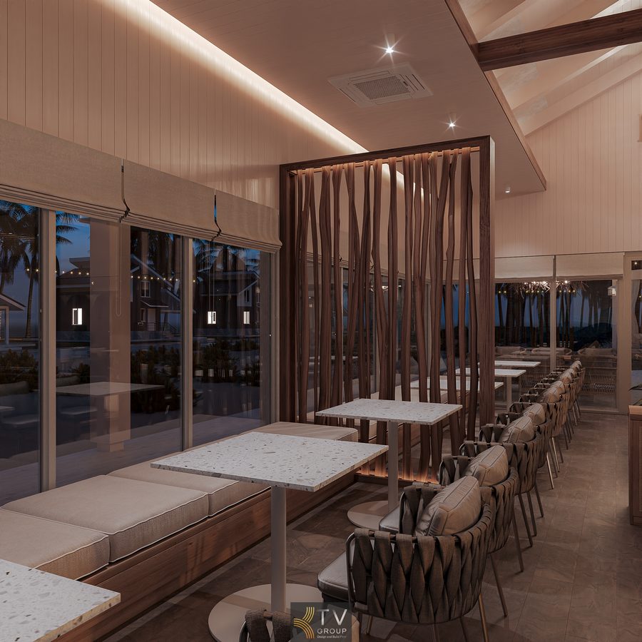 Không gian nhà hàng sát biển phong cách Beach Restaurant phù hợp tổ chức tiệc, sự kiện nhỏ, BBQ biển và các hoạt động giải trí ngoài trời cho khách du lịch. 