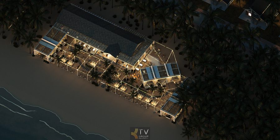 Phối cảnh nhà hàng Beach Restaurant về đêm với ánh sáng trang trí tạo điểm nhấn, nâng cao giá trị thẩm mỹ và khả năng quảng bá trên mạng xã hội.  Thiết kế nhà hàng ven biển chú trọng sự kết nối giữa kiến trúc, nội thất và thiên nhiên, mang lại trải nghiệm ẩm thực trọn vẹn cho khách hàng.