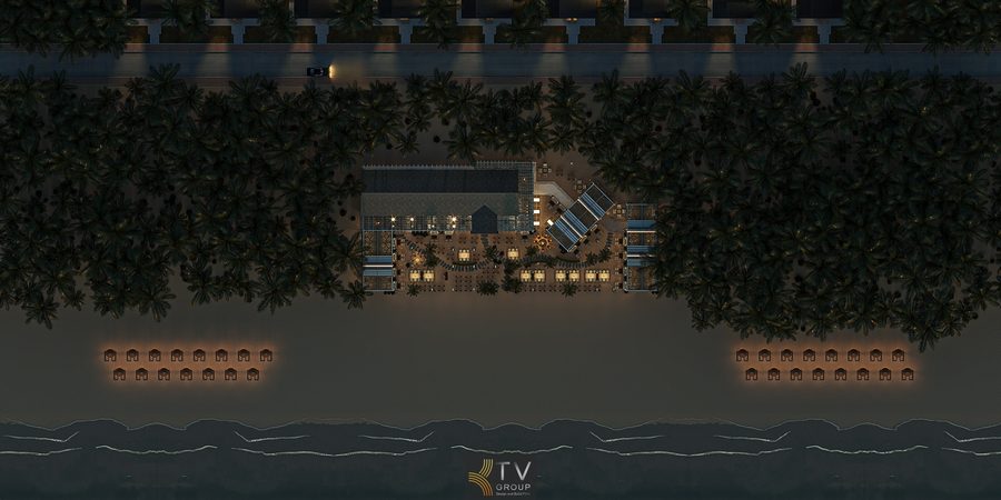 Thiết kế nhà hàng view biển phong cách Beach Restaurant với không gian mở sát biển, bố cục thoáng đãng, nội thất mây tre tự nhiên và hệ ánh sáng đêm lung linh tạo trải nghiệm ẩm thực thư giãn cho khách du lịch. 