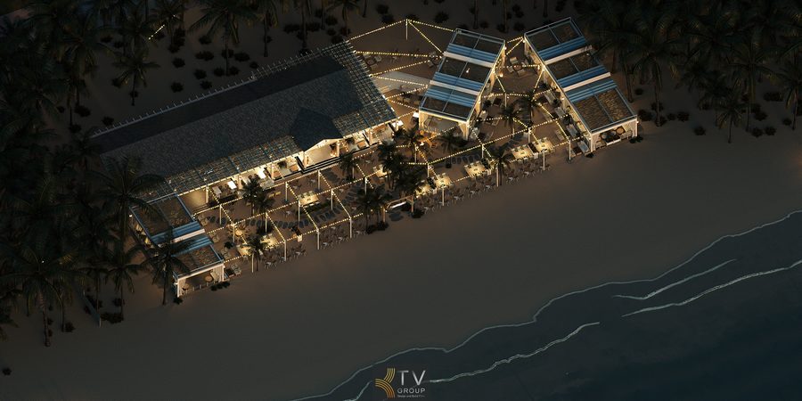 Không gian nhà hàng view biển được thiết kế mở hoàn toàn, kết hợp pergola nhẹ, bàn ghế gỗ mây và ánh sáng vàng ấm, mang phong cách Beach Restaurant hiện đại, phù hợp khai thác du lịch biển. 