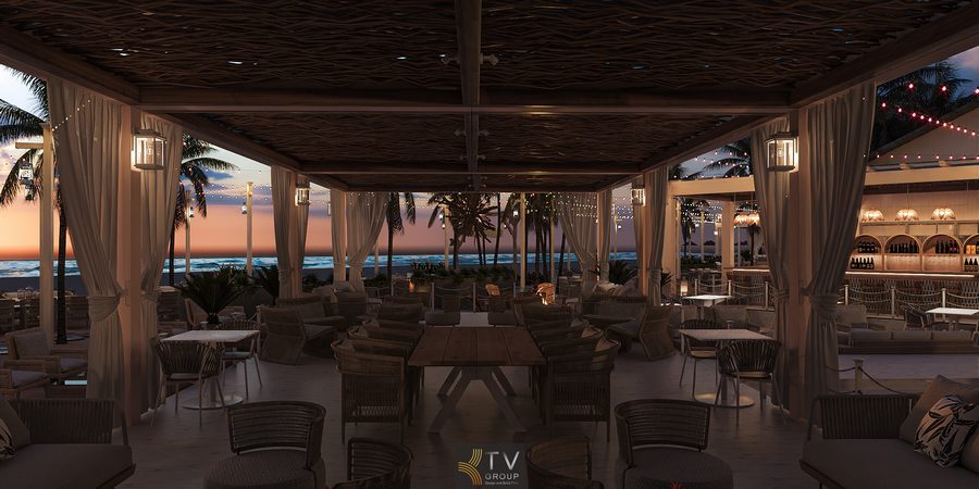 Thiết kế khu lounge trong nhà hàng view biển phong cách Beach Restaurant, bố trí ghế ngồi thoải mái, tầm nhìn hướng biển, phù hợp khách thư giãn, trò chuyện và thưởng thức đồ uống 