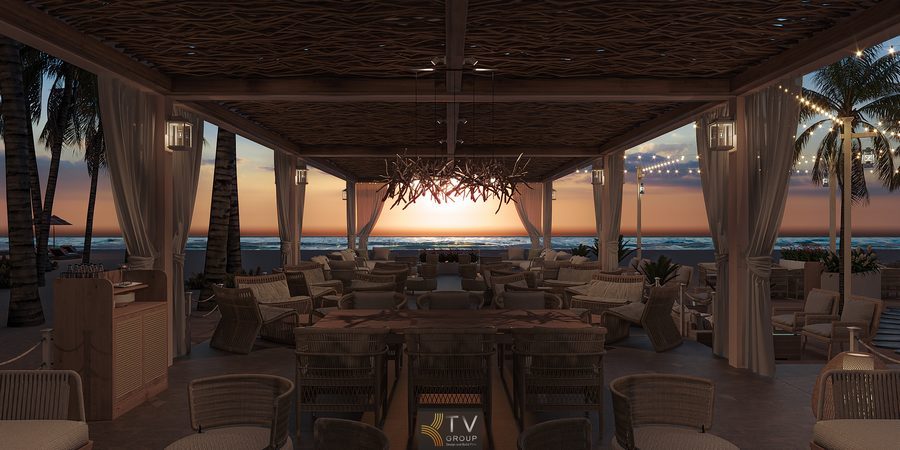 Phối cảnh tổng thể nhà hàng sát biển phong cách Beach Restaurant với lối bố trí trải dài theo bờ cát, đón gió biển tự nhiên và tối ưu tầm nhìn ra biển vào ban ngày lẫn ban đêm. 