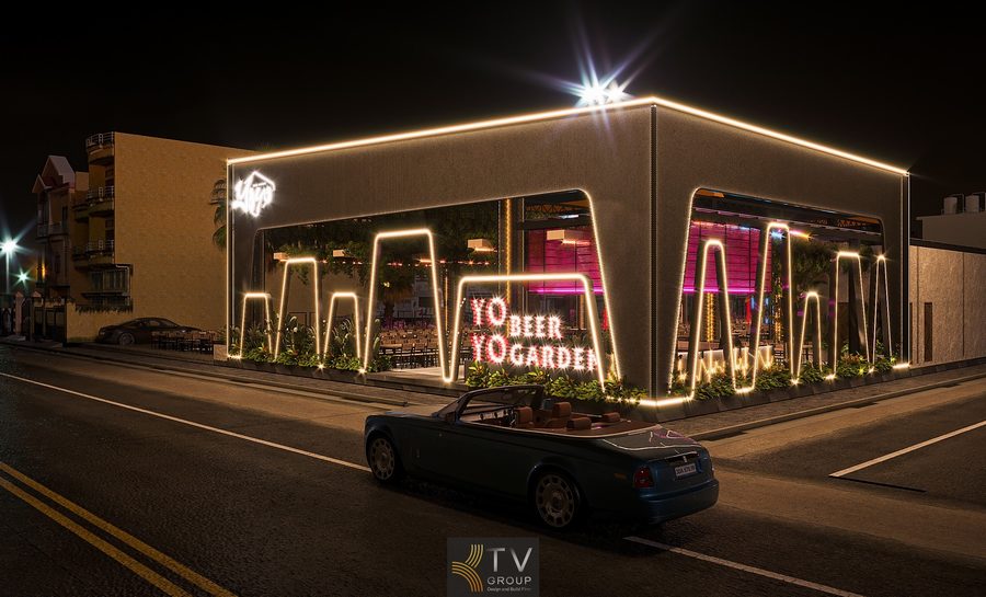 Thiết kế giàn thép Beer Garden kết hợp cây xanh treo tạo điểm nhấn Sân tập trung Beer Garden thiết kế ánh sáng động theo nhạc
