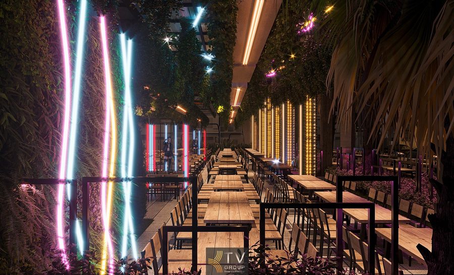 Mô hình Beer Garden ngoài trời giàn thép và ánh sáng LED ấn tượng TPHCM