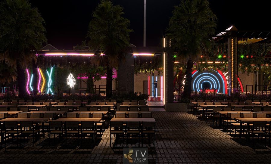 Beer Garden sân ngoài trời bàn ghế gỗ đồng bộ phong cách Urban Industrial Kiến trúc Beer Garden TPHCM sử dụng mái che thép và hệ LED trang trí