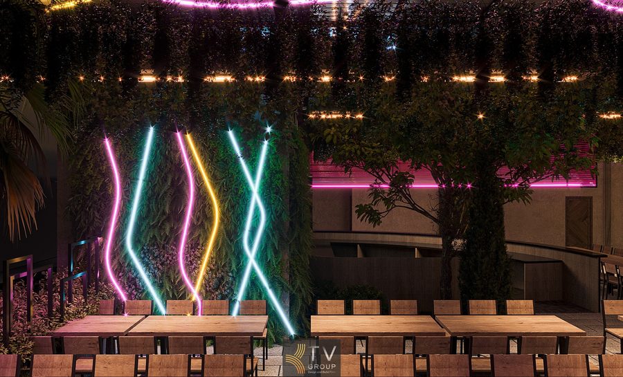 Bố trí mặt bằng Beer Garden tối ưu sức chứa và trải nghiệm khách Mẫu ánh sáng kiến trúc Beer Garden chạy viền mái cực hút khách