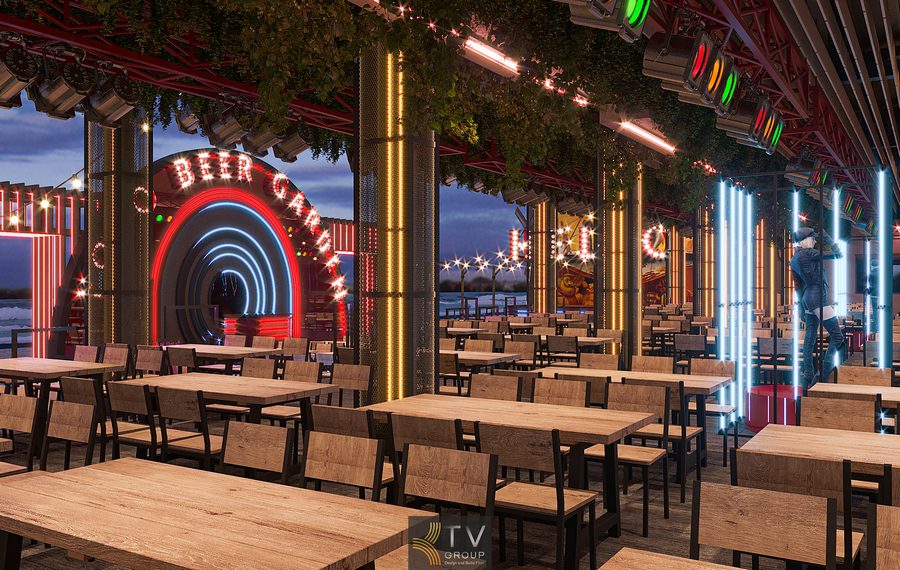 Thiết kế Beer Garden hiện đại, không gian mở kết hợp ánh sáng nghệ thuật, tối ưu thu hút khách và mang lại giá trị kinh doanh bền vững cho chủ đầu tư.