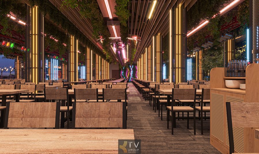 Không gian nhà hàng Beer Garden ánh sáng LED nổi bật tại Phan Thiết