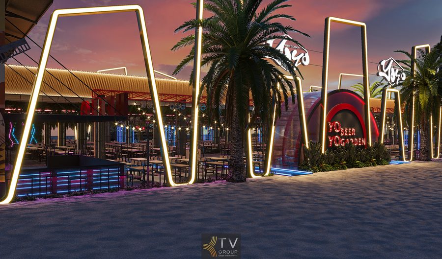 Phối cảnh mặt tiền Beer Garden hiện đại sử dụng ánh sáng LED vàng nổi bật, giúp tăng khả năng nhận diện và tạo trải nghiệm thị giác ấn tượng về đêm.