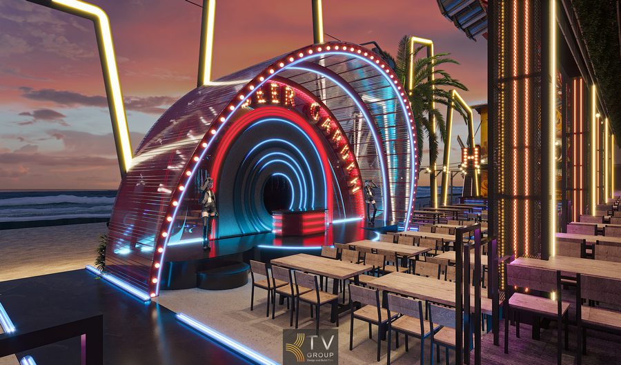 Thiết kế Beer Garden phong cách Neon Light với mặt tiền khung LED nghệ thuật nổi bật, thu hút khách từ xa và tạo dấu ấn thương hiệu mạnh mẽ cho mô hình F&B.