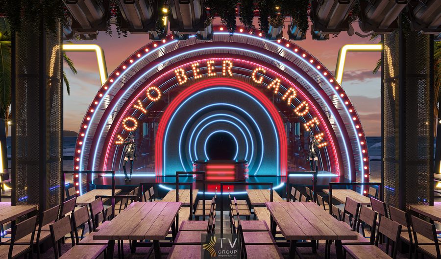 Không gian Beer Garden với hệ khung đèn hình học độc đáo, kết hợp mural ly bia lớn, phù hợp mô hình giải trí – ẩm thực tại các thành phố du lịch biển.