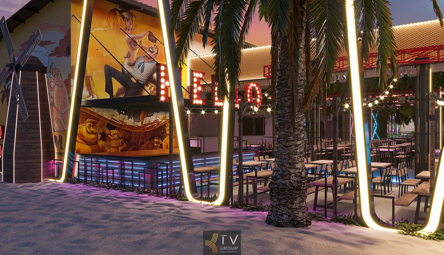 Thiết kế Beer Garden phong cách Neon Light ấn tượng, nổi bật về đêm, thu hút khách và tăng nhận diện thương hiệu cho mô hình nhà hàng – bar ven biển.