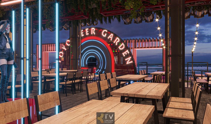 Beer Garden phong cách Neon Light nổi bật với mặt tiền LED hình học đầy ấn tượng, giúp tăng sức hút ban đêm và tạo nhận diện thương hiệu mạnh mẽ.