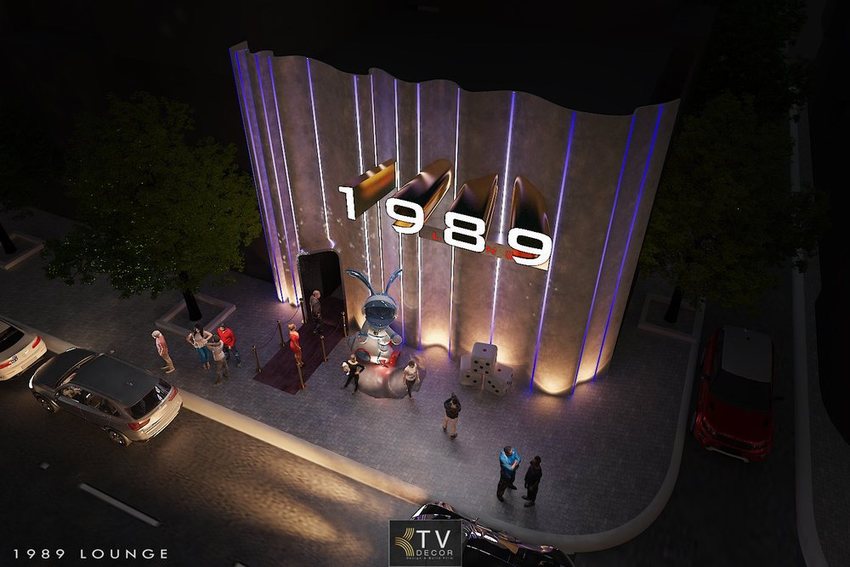 Thiết kế thi công mặt tiền 1989 Lounge phong cách hiện đại, ánh sáng LED nổi bật, mascot độc đáo – KTV Decor thực hiện.
