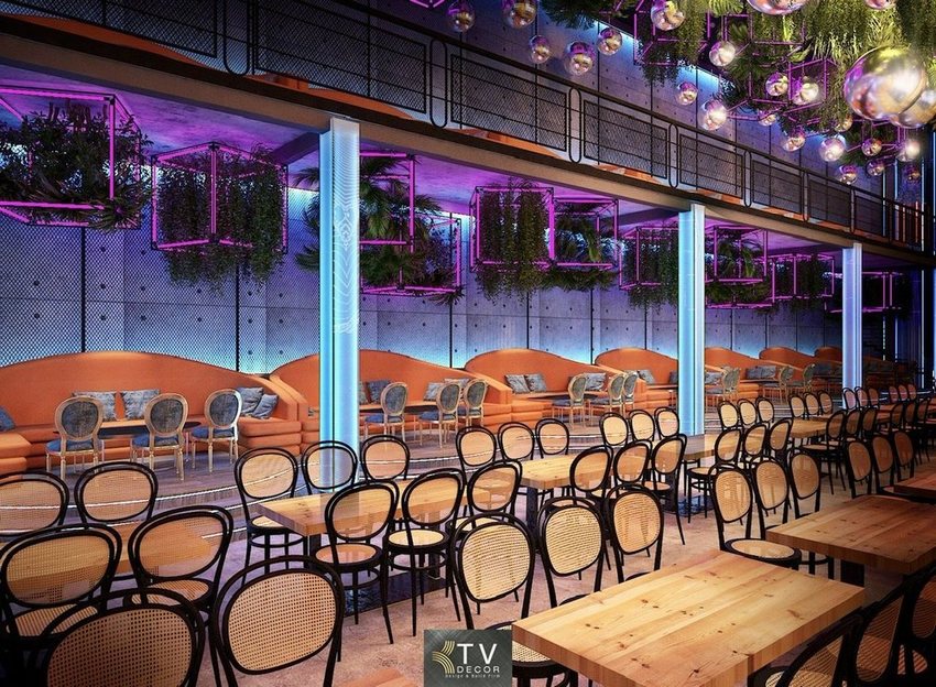 Thiết kế thi công nội thất nhà hàng Beer Food Garden điểm nhấn khung cây treo trần, ánh sáng nghệ thuật, KTV DECOR báo giá trọn gói
