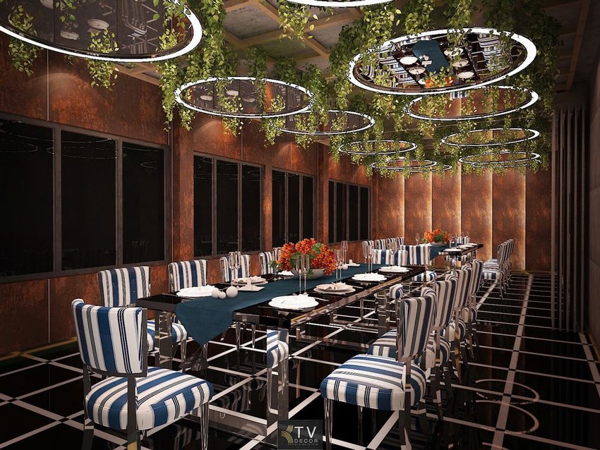 Thiết kế phòng VIP nhà hàng sang trọng với ghế sọc, bàn đen bóng và trần cây xanh – KTV Decor