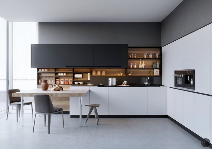 Thiết kế nội thất bếp với tông đen trắng gỗ 20