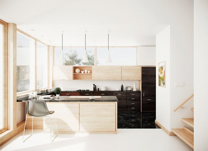 Thiết kế nội thất bếp với tông đen trắng gỗ 2