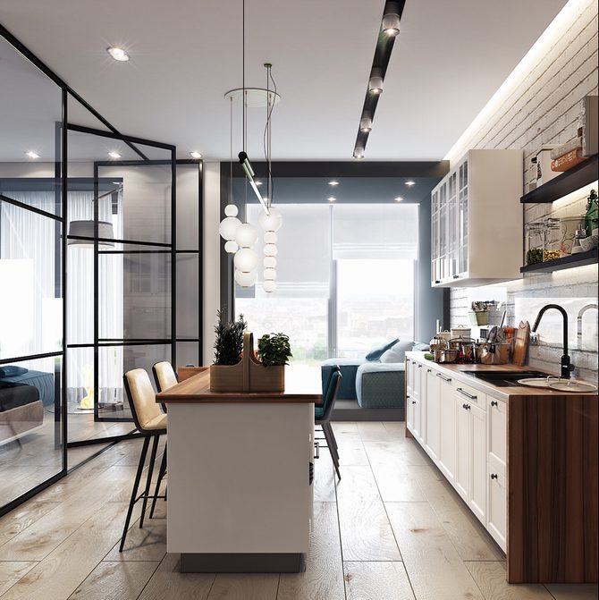 Ý tưởng căn hộ hiện đại tông xanh đen sang trọng - phòng bếp