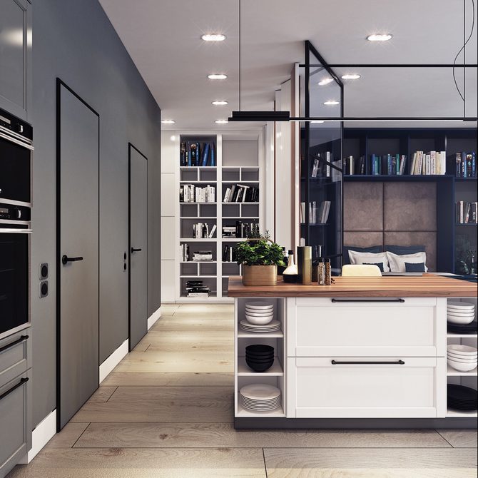 Ý tưởng căn hộ hiện đại tông xanh đen sang trọng - tủ bếp xinh