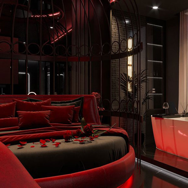 Thiết kế phòng khách sạn chủ đề tình yêu phong cách Modern Luxury Dark tone