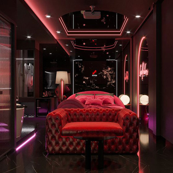 Thiết kế phòng khách sạn chủ đề tình yêu phong cách Romantic Neon Suite
