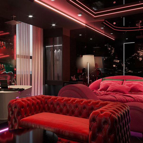 Thiết kế phòng khách sạn tình yêu phong cách Romantic Neon Suite