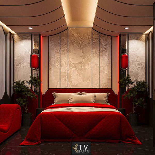 Thiết kế phòng ngủ khách sạn chủ đề tình yêu phong cách Á Đông
