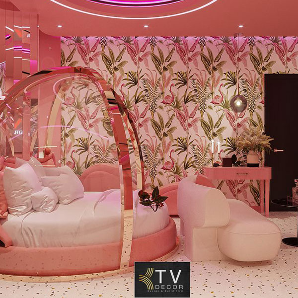 Thiết kế Phòng khách sạn chủ đề tình yêu Hồng Pastel giường tròn