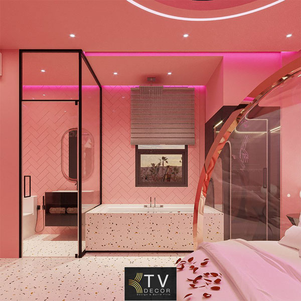 Thiết kế phòng tắm khách sạn chủ đề tình yêu phong cách Hồng Pastel