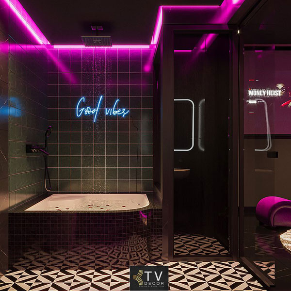 Thiết kế phòng tắm khách sạn chủ đề tình yêu phong cách Ánh sáng Neon