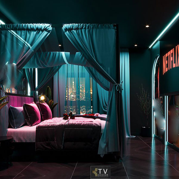 Thiết Kế Phòng Khách Sạn Modern Romantic Ánh Sáng Neon Đô Thị