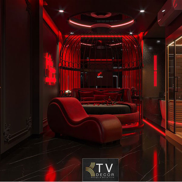 Thiết kế phòng khách sạn chủ đề tình yêu phong cách Luxury ánh sáng đỏ hiện đại