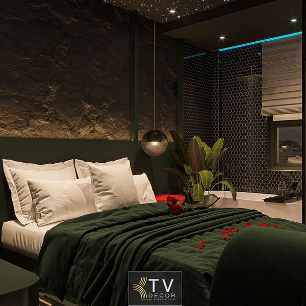 Thiết kế khách sạn chủ đề tình yêu phong cách Dark Modern không gian nghỉ dưỡng ấn tượng
