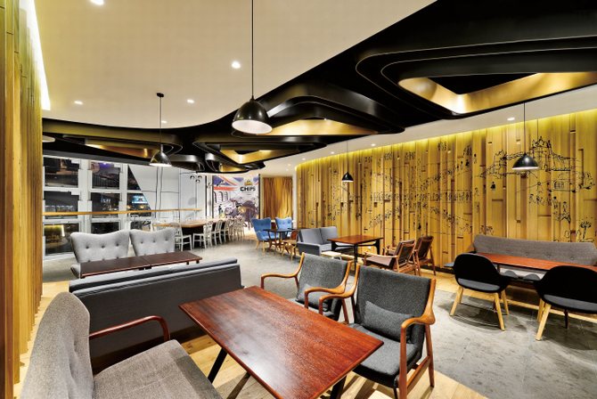 Ý tưởng thiết kế cafe nhà hàng với trần ấn tượng hình lạp thể.